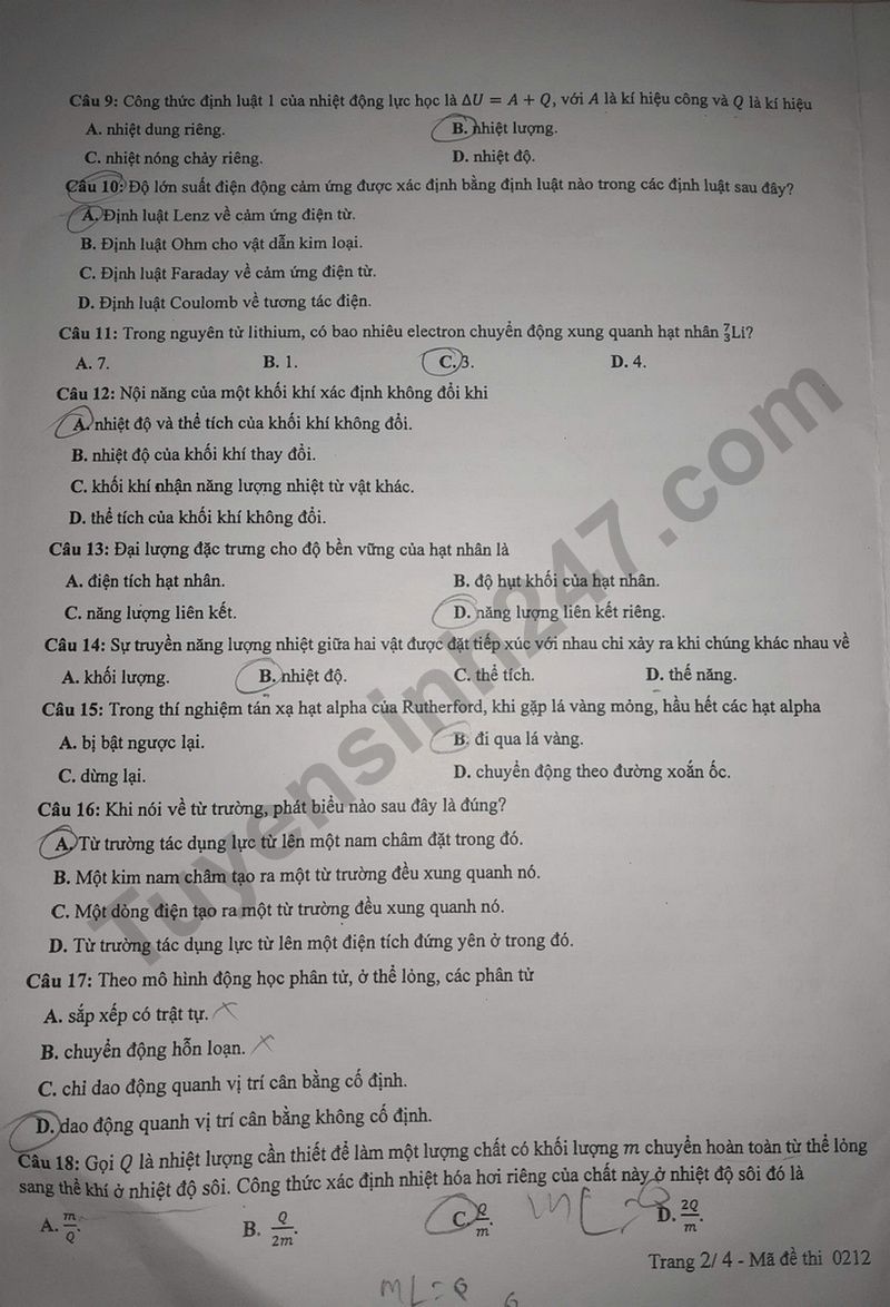 Dap an de thi tot nghiep THPT mon Ly nam 2025 - Ma de 0212