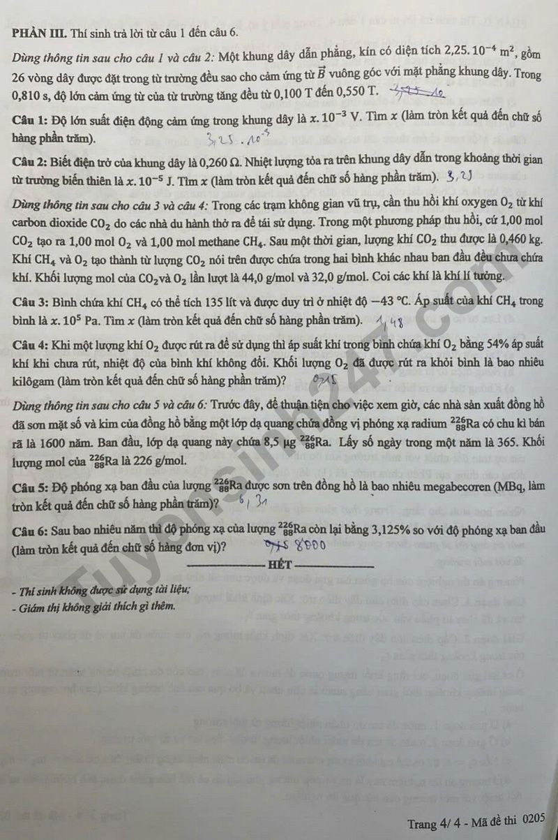 Dap an de thi tot nghiep THPT 2025 mon Ly - Ma de 0205