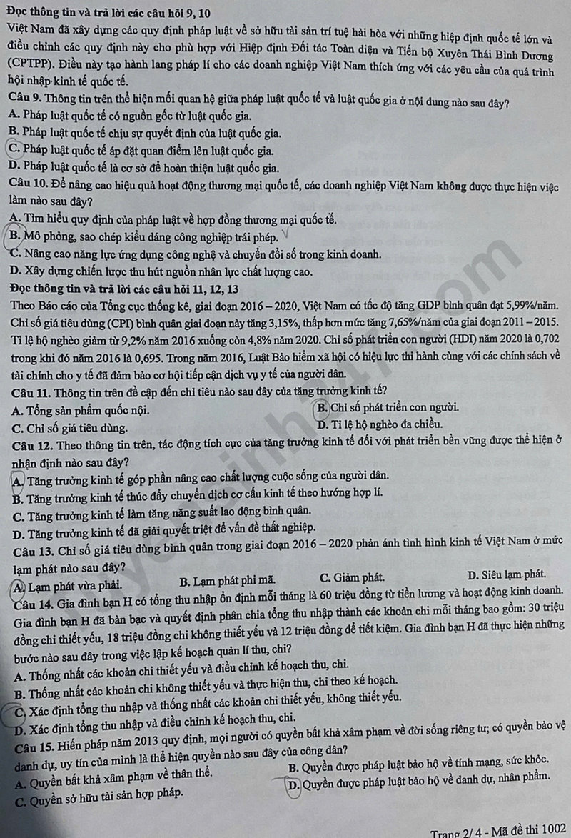 Dap an de thi tot nghiep THPT 2025 mon GDKTPL - ma de 1002