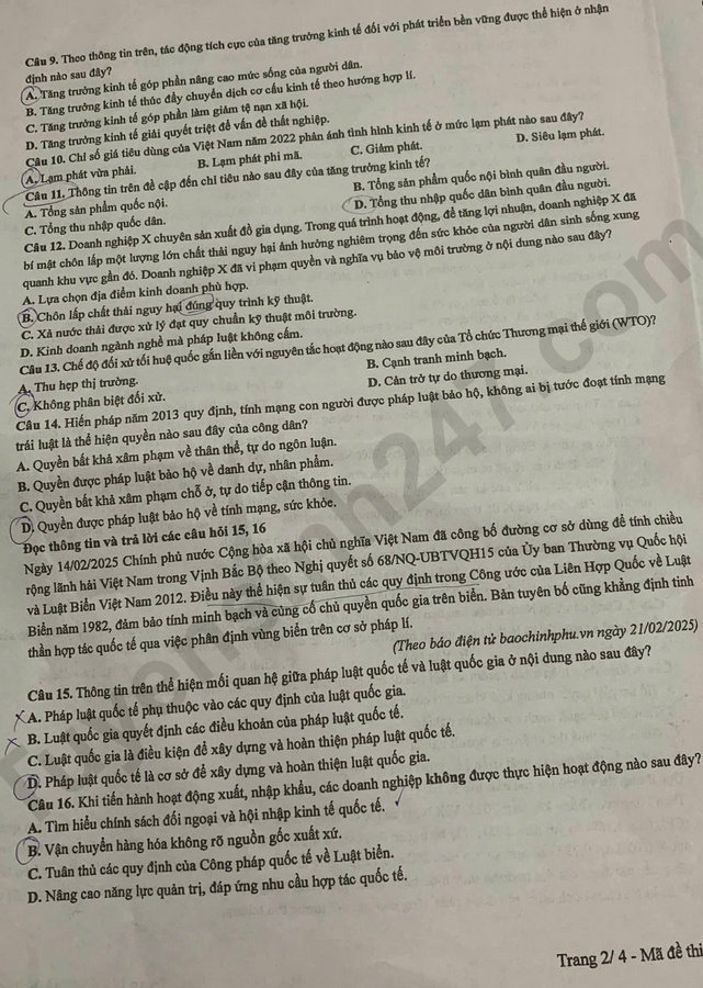 Dap an de thi tot nghiep THPT 2025 mon GDKTPL ma de 1003