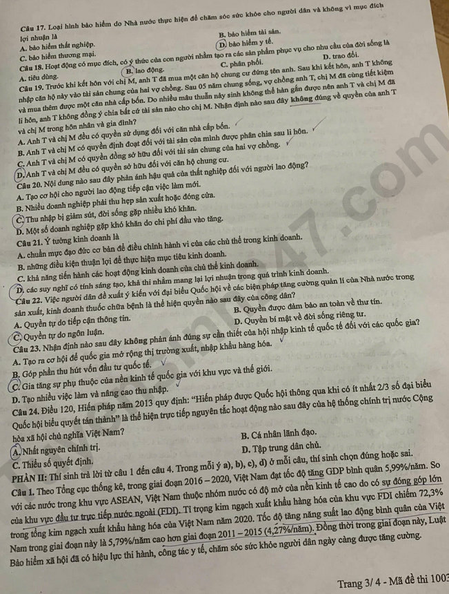 Dap an de thi tot nghiep THPT 2025 mon GDKTPL ma de 1003