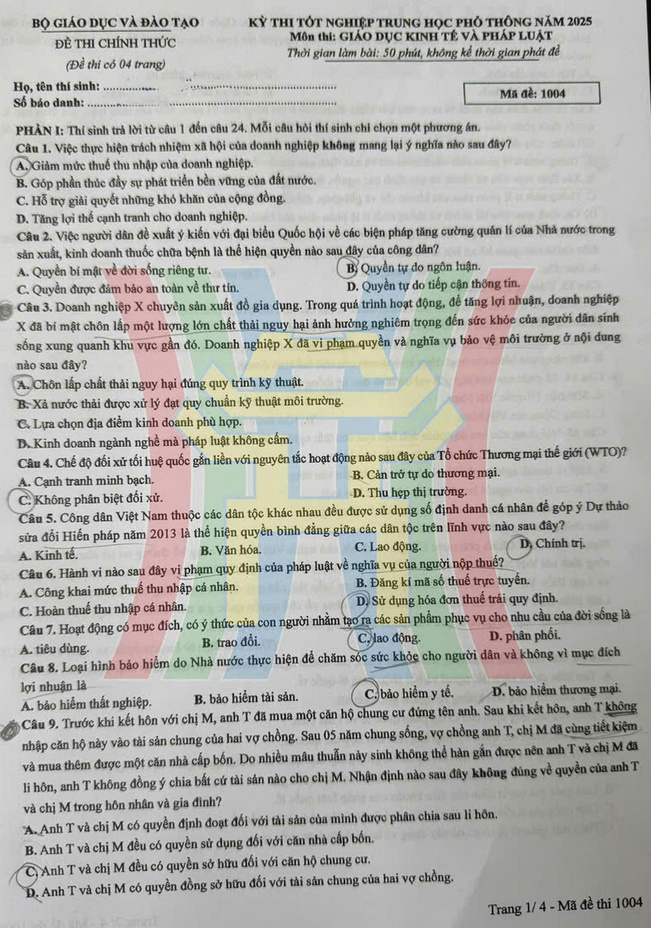 Dap an de thi mon GDKTPL tot nghiep THPT 2025 ma de 1004