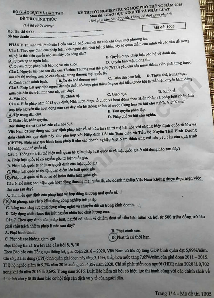 Dap an de thi mon GDKTPL tot nghiep THPT 2025 - ma de 1005