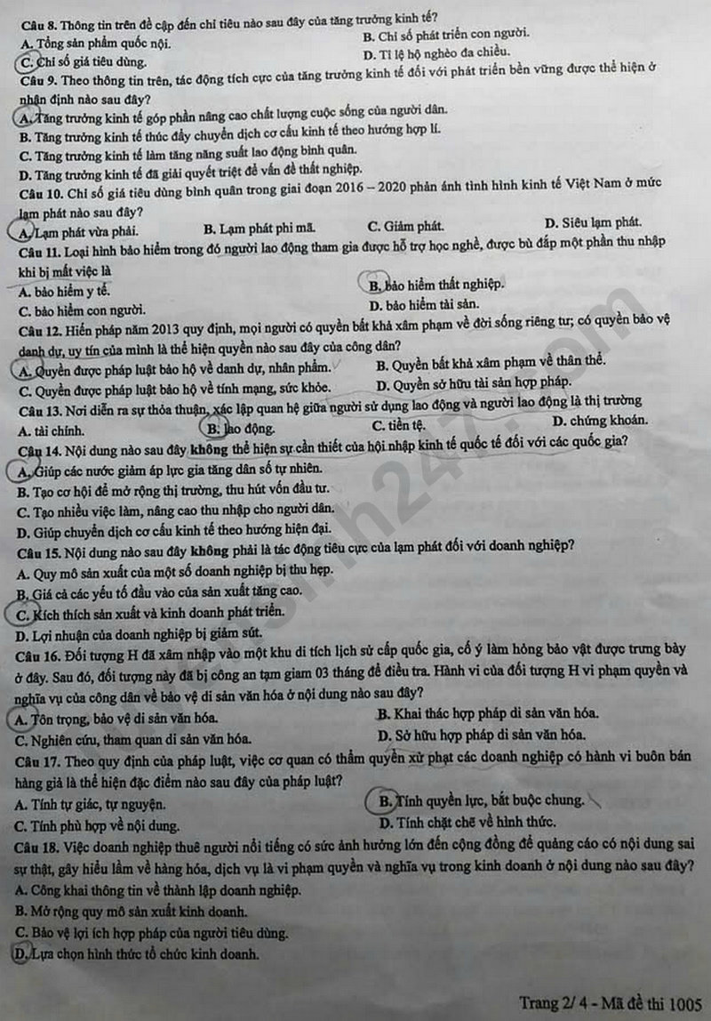 Dap an de thi mon GDKTPL tot nghiep THPT 2025 - ma de 1005