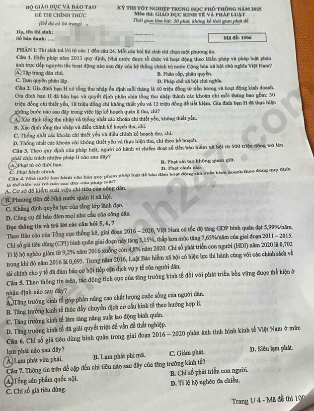Dap an de thi mon GDKTPL tot nghiep THPT 2025 - ma de 1006