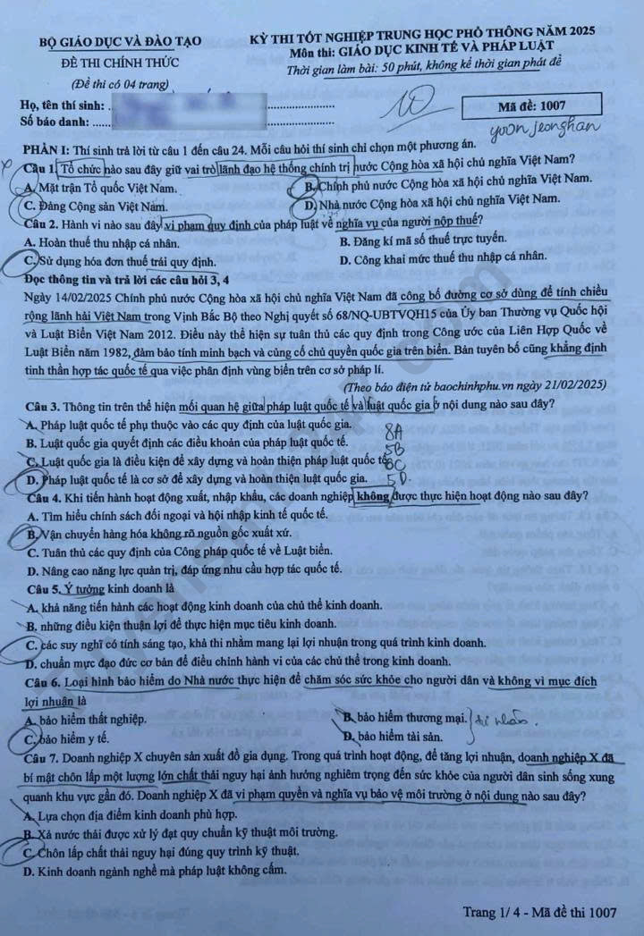 Dap an de thi mon GDKTPL tot nghiep THPT 2025 ma de 1007