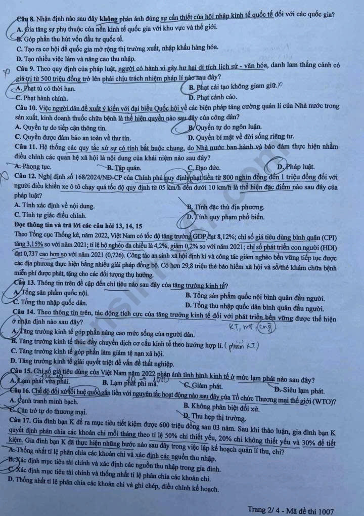 Dap an de thi mon GDKTPL tot nghiep THPT 2025 ma de 1007