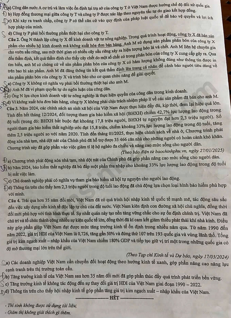 Dap an de thi tot nghiep THPT 2025 - ma de 1008 mon GDKTPL