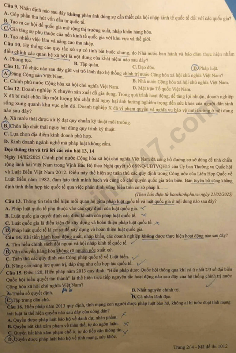 Dap an de thi tot nghiep THPT 2025 - ma de 1012 mon GDKTPL