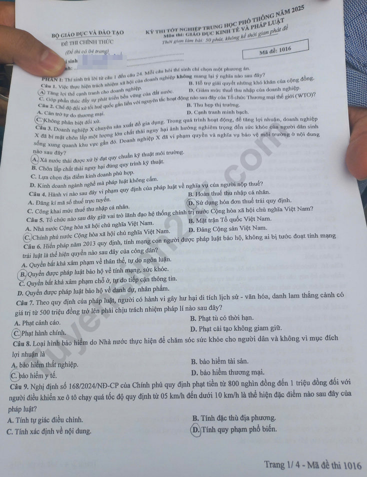 Dap an de thi tot nghiep THPT 2025 ma de 1016 mon GDKTPL