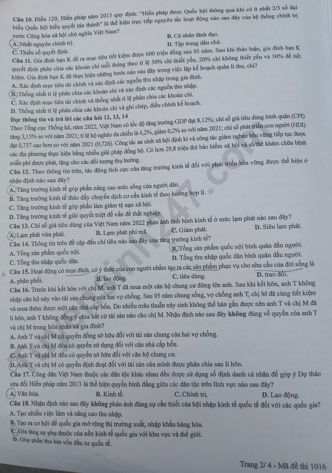 Dap an de thi tot nghiep THPT 2025 ma de 1016 mon GDKTPL