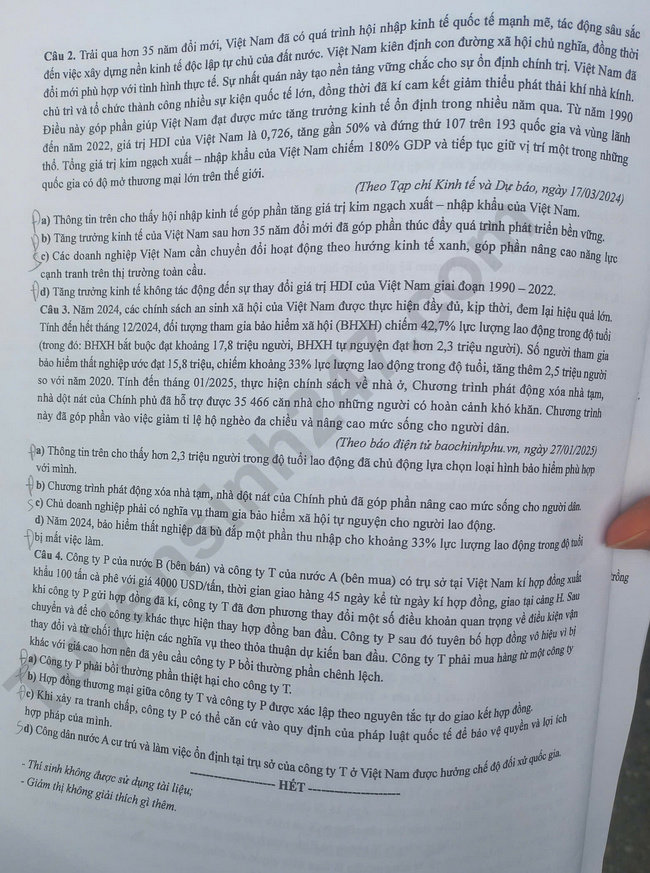 Dap an de thi tot nghiep THPT 2025 ma de 1016 mon GDKTPL