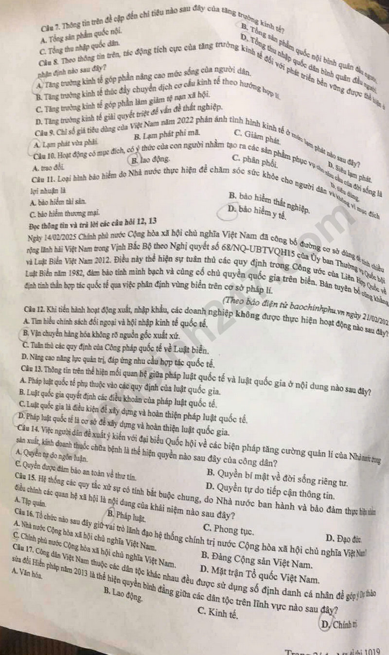 Dap an de thi tot nghiep THPT nam 2025 mon GDKTPL - ma de 1019