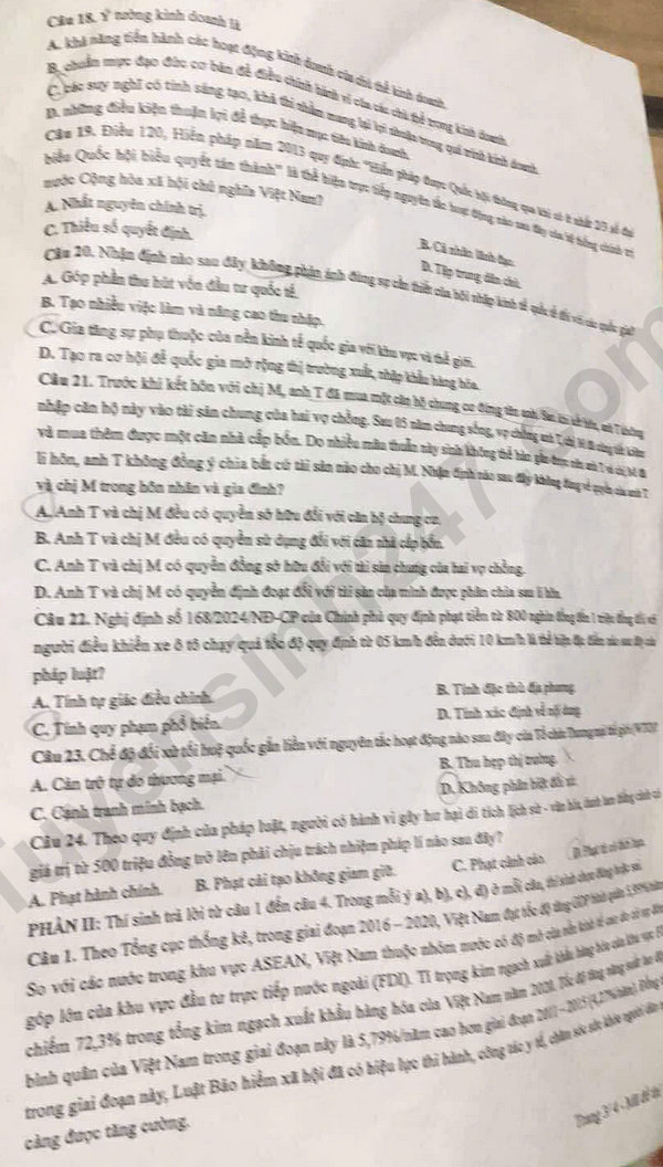 Dap an de thi tot nghiep THPT nam 2025 mon GDKTPL - ma de 1019