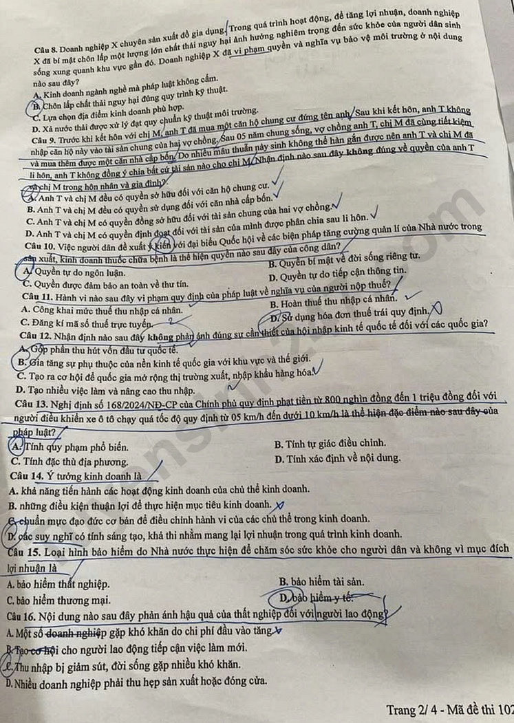 Dap an de thi tot nghiep THPT 2025 - ma de 1023 mon GDKTPL