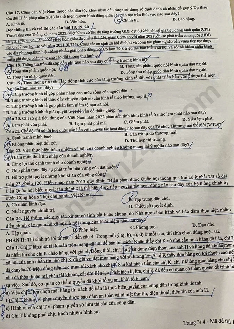 Dap an de thi tot nghiep THPT 2025 - ma de 1023 mon GDKTPL