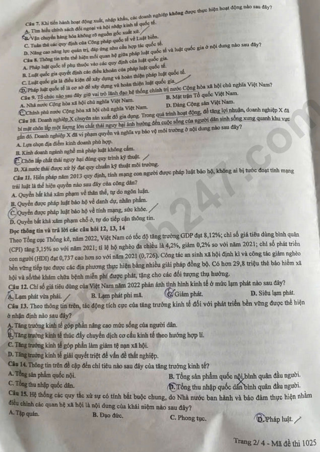 Dap an de thi mon GDKTPL ma de 1025 tot nghiep THPT 2025