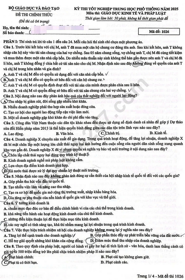 Dap an de thi mon GDKTPL ma de 1026 - tot nghiep THPT 2025