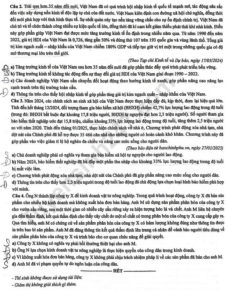 Dap an de thi mon GDKTPL ma de 1026 - tot nghiep THPT 2025