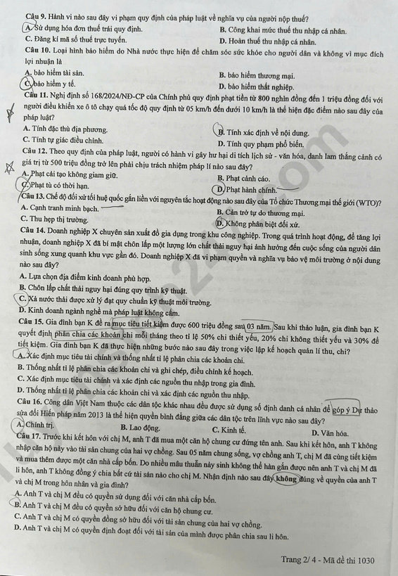 Dap an de thi tot nghiep THPT 2025 mon GDKTPL - ma de 1030