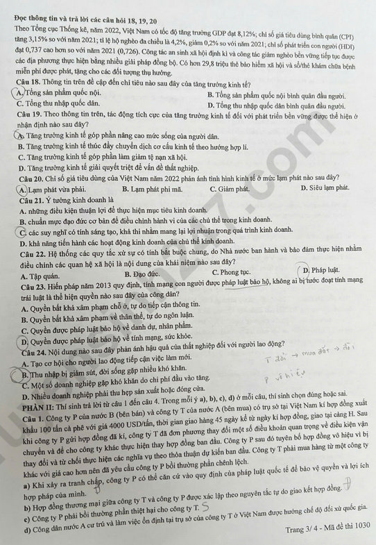 Dap an de thi tot nghiep THPT 2025 mon GDKTPL - ma de 1030
