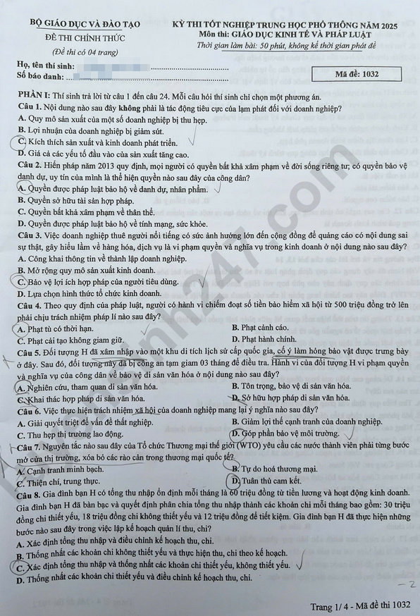 Dap an de thi mon GDKTPL ma de 1032 - tot nghiep THPT 2025