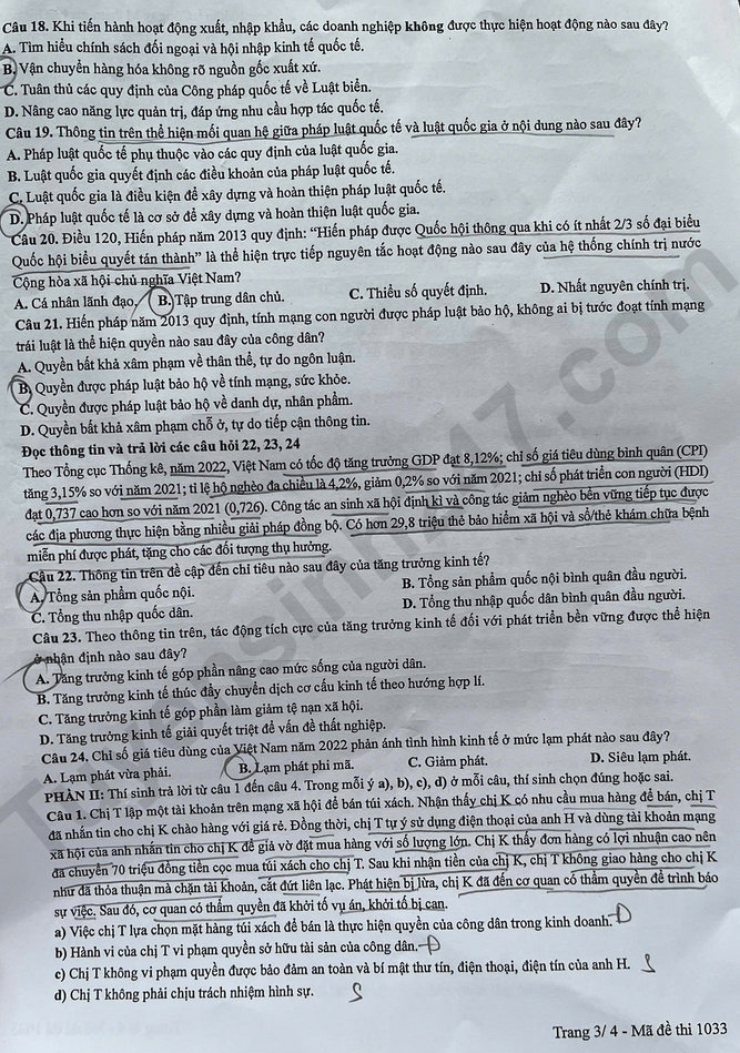 Dap an de thi mon GDKTPL ma de 1033 tot nghiep THPT 2025