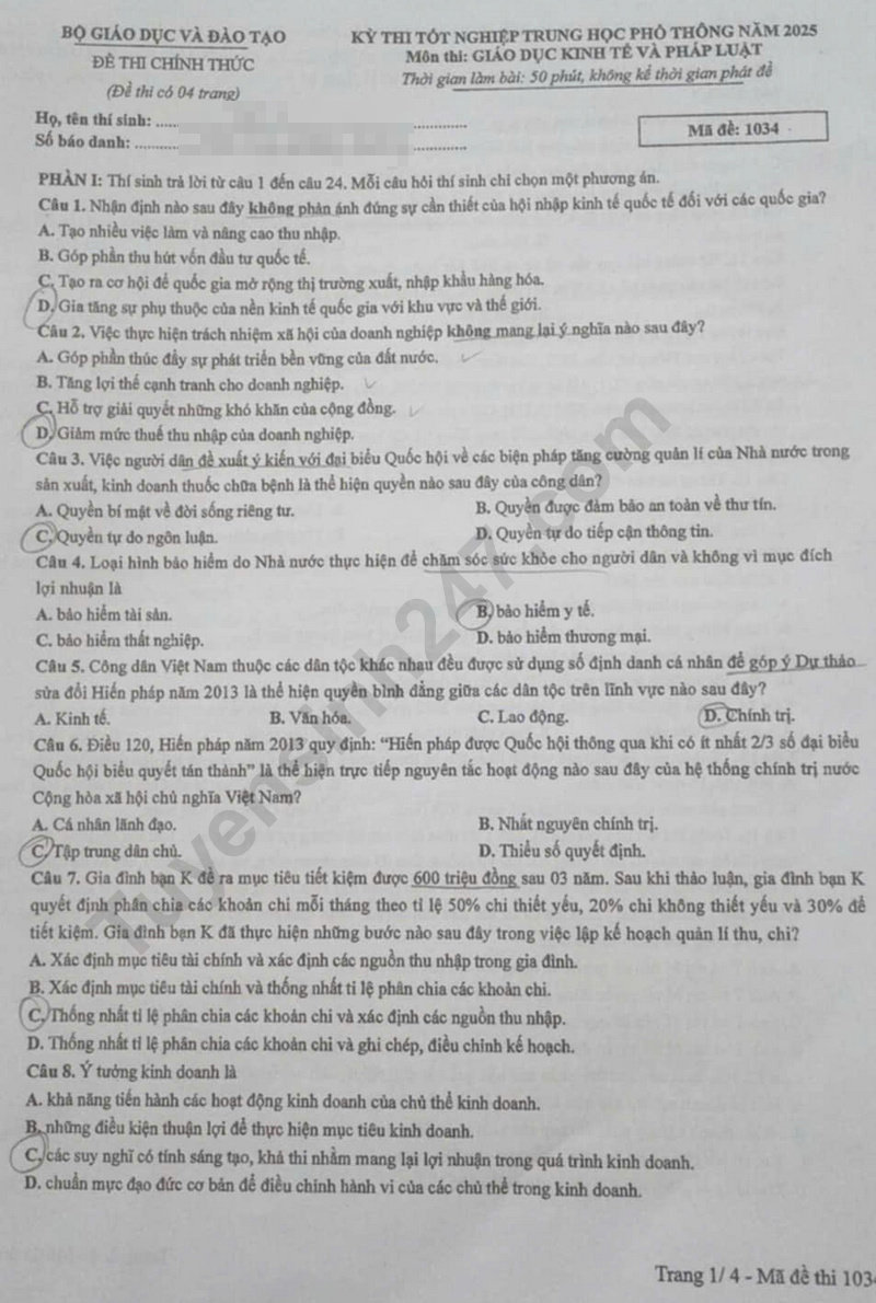 Dap an de thi tot nghiep THPT 2025 mon GDKTPL - ma de 1034