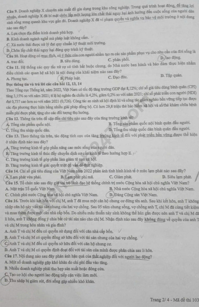 Dap an de thi tot nghiep THPT 2025 mon GDKTPL - ma de 1034