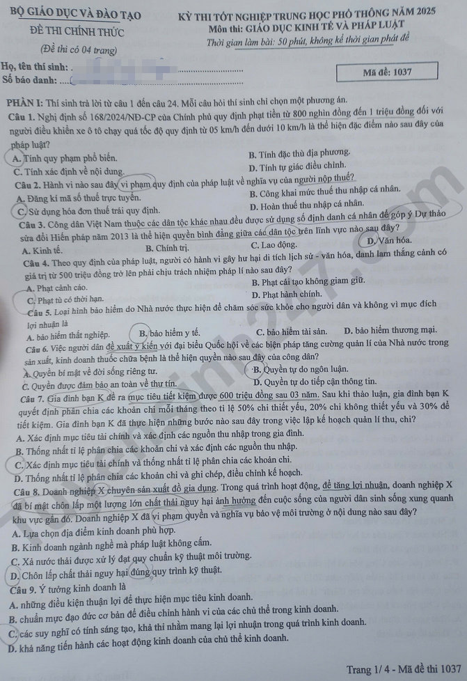 Dap an de thi mon GDKTPL ma de 1037 - tot nghiep THPT 2025