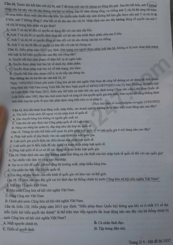 Dap an de thi mon GDKTPL ma de 1037 - tot nghiep THPT 2025