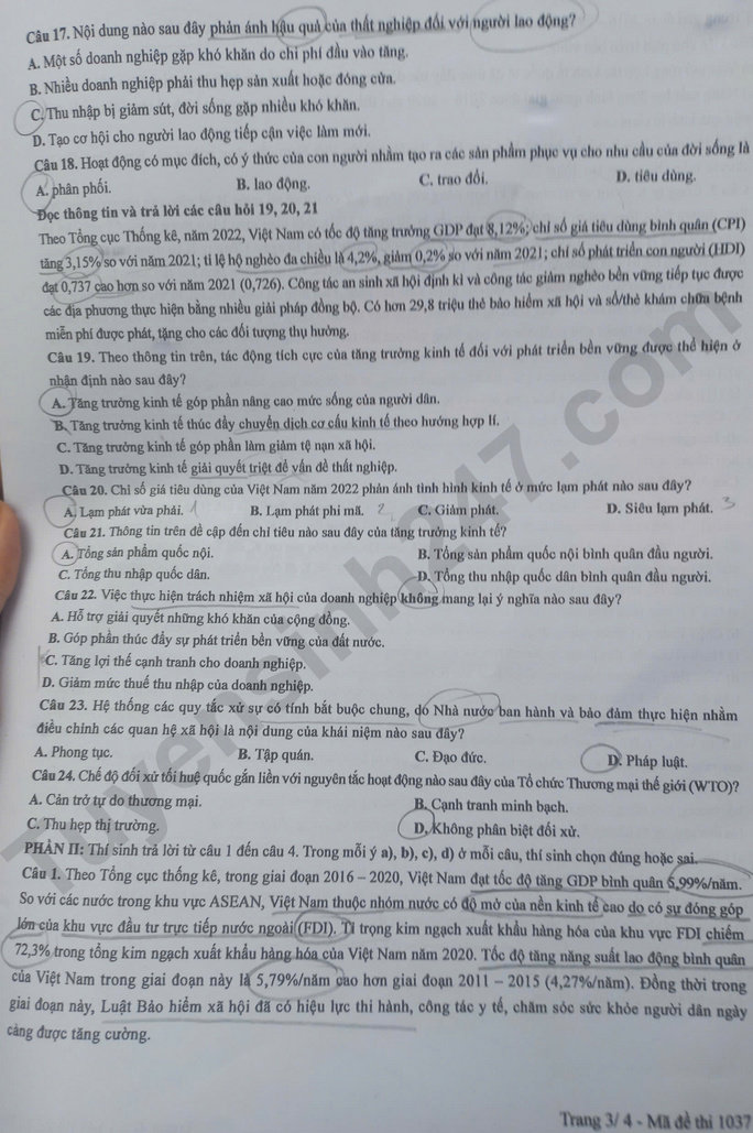 Dap an de thi mon GDKTPL ma de 1037 - tot nghiep THPT 2025