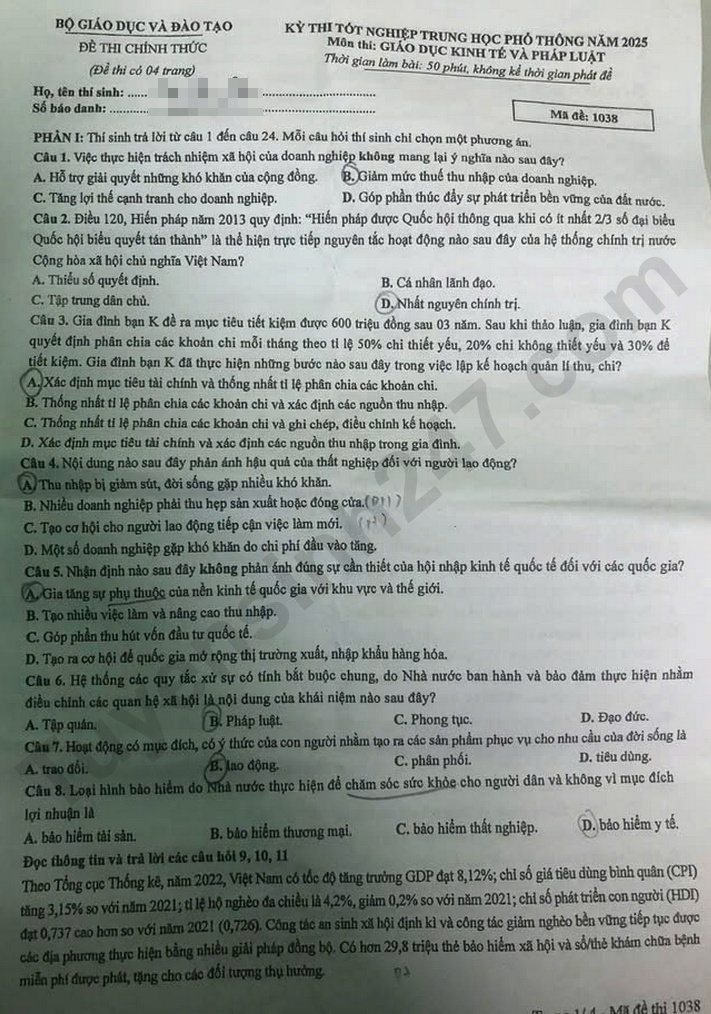 Dap an de thi mon GDKTPL ma de 1038 - tot nghiep THPT 2025
