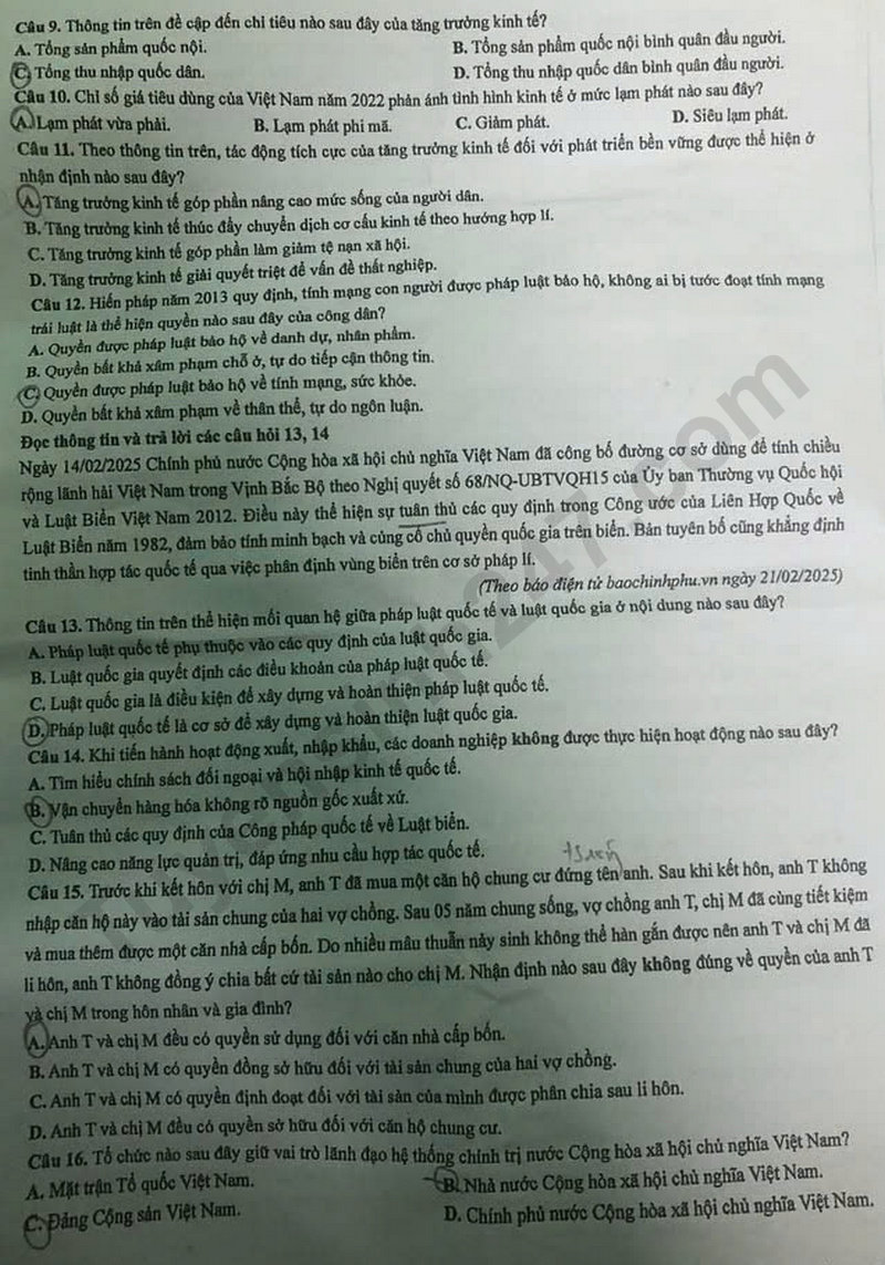Dap an de thi mon GDKTPL ma de 1038 - tot nghiep THPT 2025