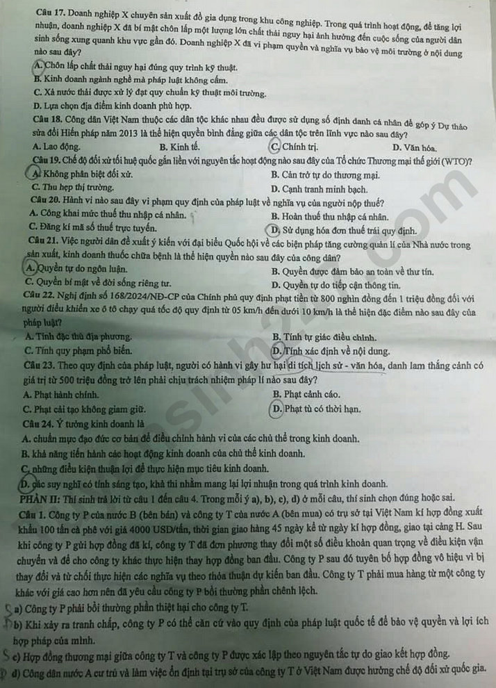 Dap an de thi mon GDKTPL ma de 1038 - tot nghiep THPT 2025