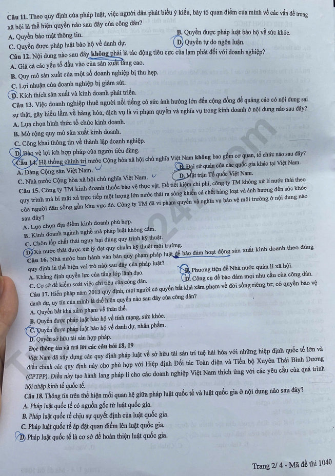Dap an de thi tot nghiep THPT 2025 mon GDKTPL - ma de 1040