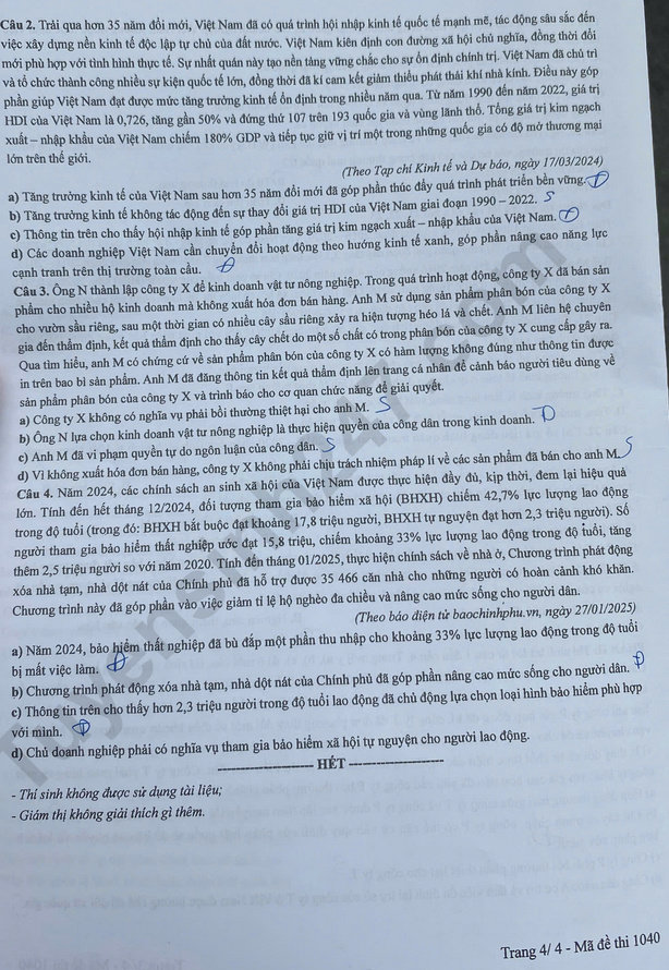 Dap an de thi tot nghiep THPT 2025 mon GDKTPL - ma de 1040