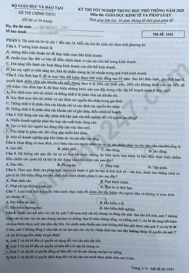 Dap an de thi mon GDKTPL ma de 1041 tot nghiep THPT 2025