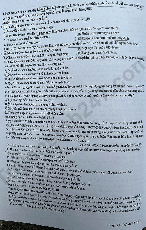 Dap an de thi mon GDKTPL ma de 1041 tot nghiep THPT 2025