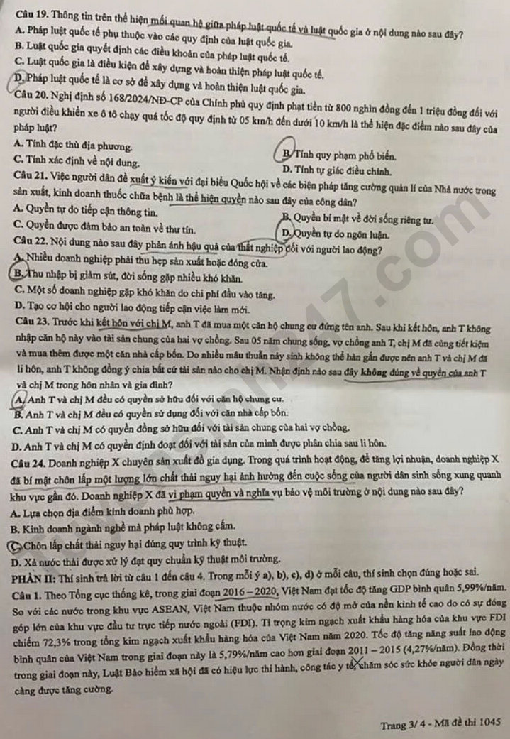 Dap an de thi mon GDKTPL ma de 1045 tot nghiep THPT 2025