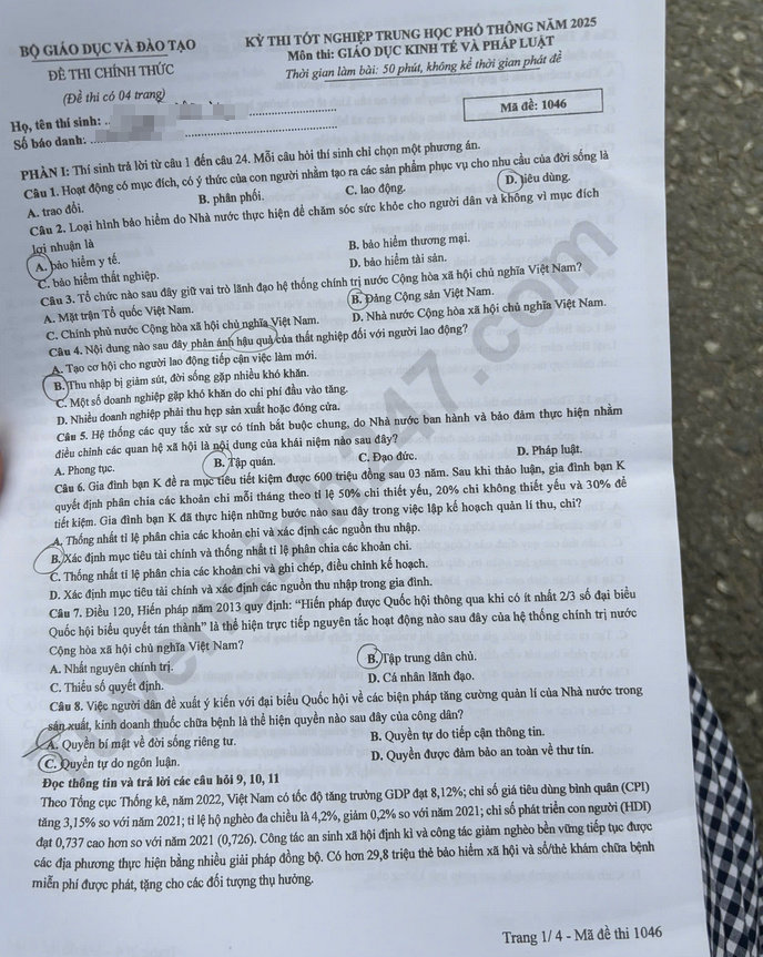 Dap an de thi tot nghiep THPT 2025 mon GDKTPL ma de 1046