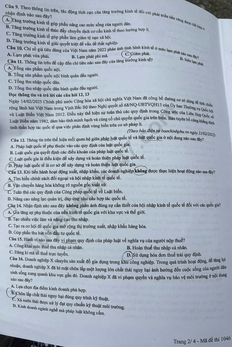 Dap an de thi tot nghiep THPT 2025 mon GDKTPL ma de 1046