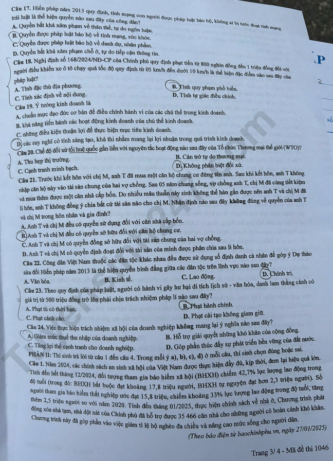 Dap an de thi tot nghiep THPT 2025 mon GDKTPL ma de 1046