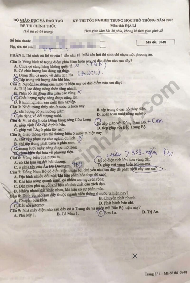 Dap an de thi tot nghiep THPT 2025 - ma de 0948 mon Dia