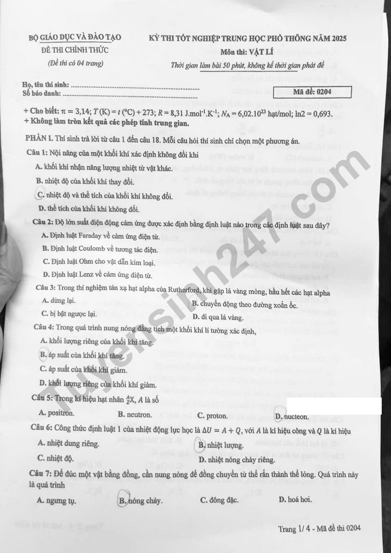 Dap an de thi mon Ly - Ma de 0204 tot nghiep THPT 2025