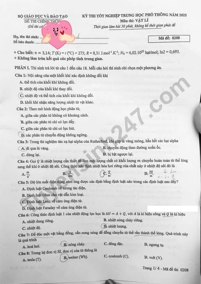 Dap an de thi tot nghiep THPT 2025 - ma de 0208 mon Ly
