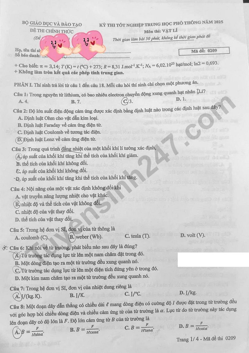 Dap an de thi tot nghiep THPT mon Ly 2025 - Ma de 0209