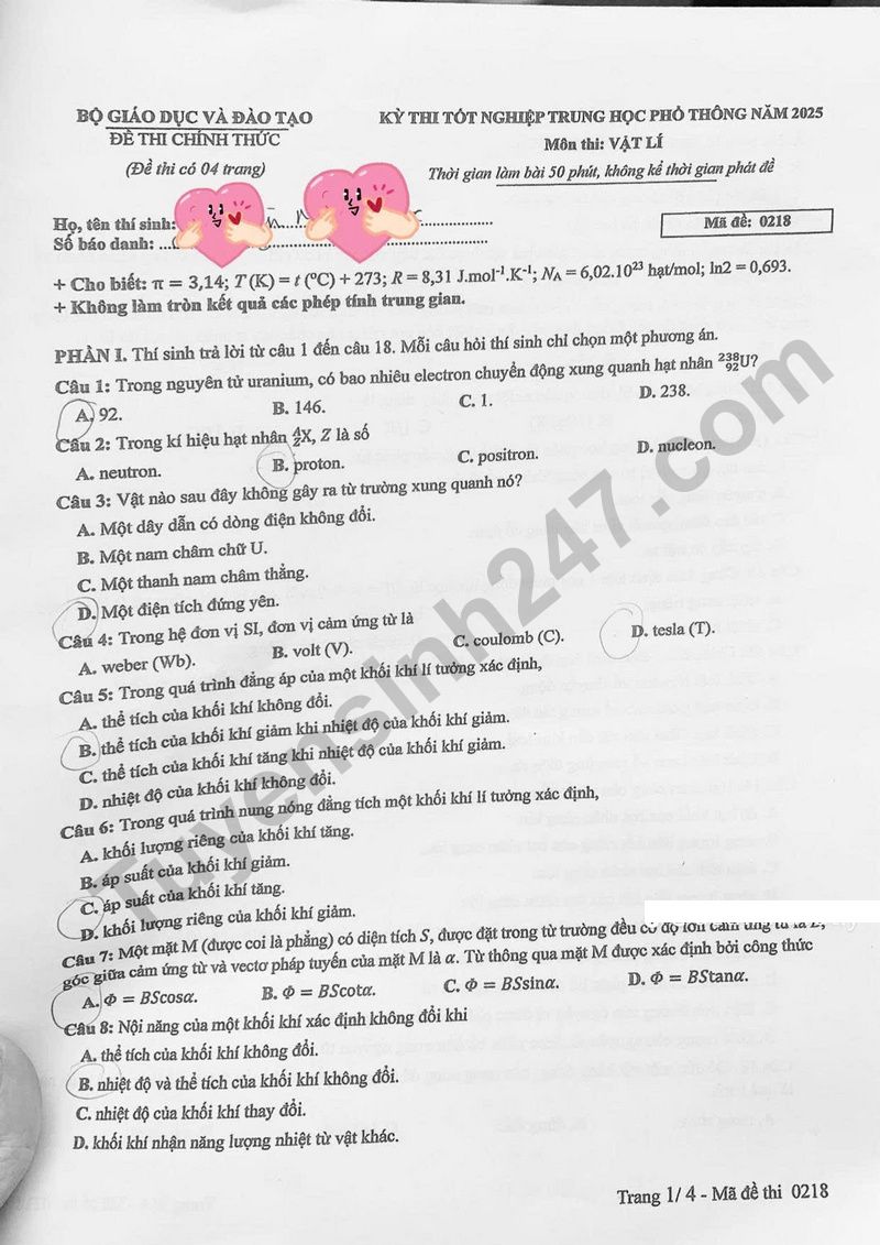 Dap an de thi tot nghiep THPT 2025 mon Ly ma de 0218