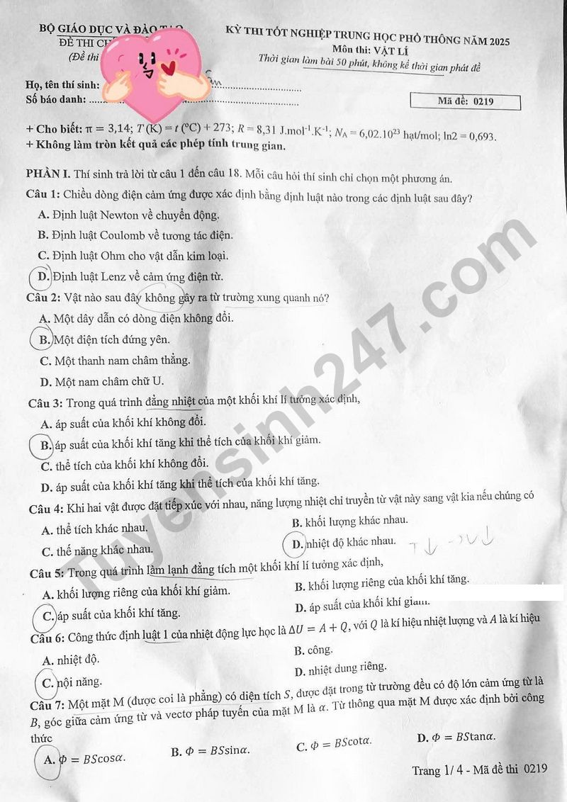 Dap an de thi mon Ly - Ma de 0219 tot nghiep THPT 2025
