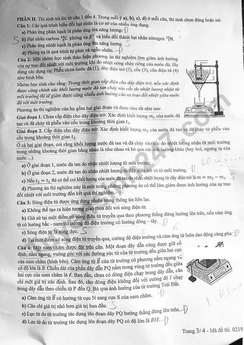 Dap an de thi mon Ly - Ma de 0219 tot nghiep THPT 2025